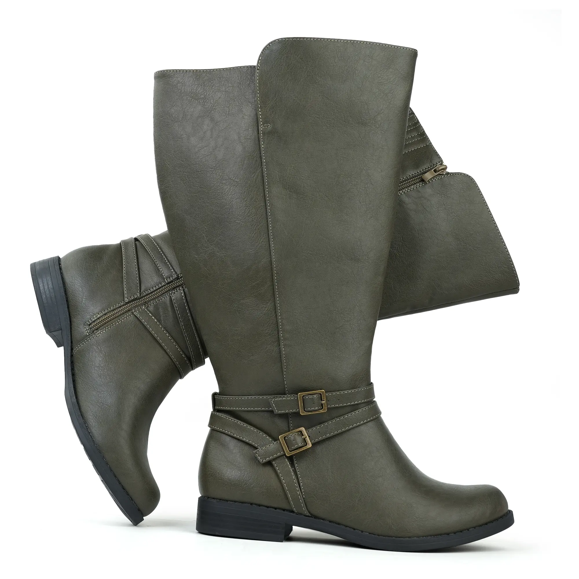 Women's Knee-High Riding Boots - Super Extra Wide Calf, Olive Green Leather-Style, Cuban Heel, Side Zipper, Double Buckle, Rubber Sole, Black, Round Toe, Easy Zip On, Footwear, Zipper Quick Entry, All Seasons,shoes for back to school,back to school shoes