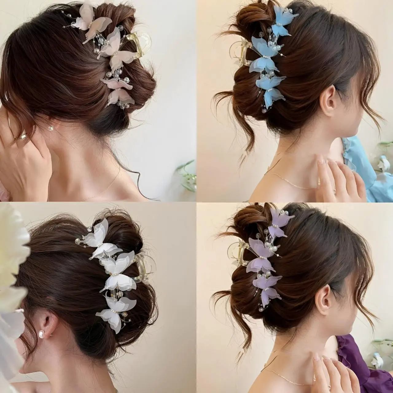 4pcs Butterfly Hair Claw Clips, Sparkly Crystal Tulle Butterfly Hair Jaw Clips, Large Non-slip Hairs Clamps for Women Girls, Elegant Hair Accessories