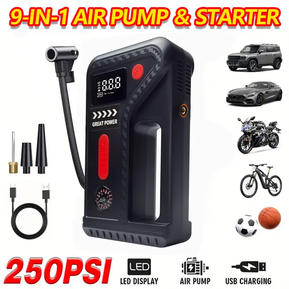 1500A Portable Car Emergency Jump Starter, 250PSI Battery Emergency Starter, 14.8V Quick Car Start, USB Input/Output, LED Emergency Light, Car Accessory Tool, Portable Car Charger, Roadside Assistance Device, Vehicle Emergency Tool