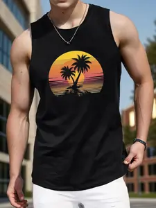 Men's Sleeveless Tank Top Tropical Palm Tree Sunset Design Deep Red Casual Summer Vest Crew Neck Machine Washable Lightweight Fabric - Menswear