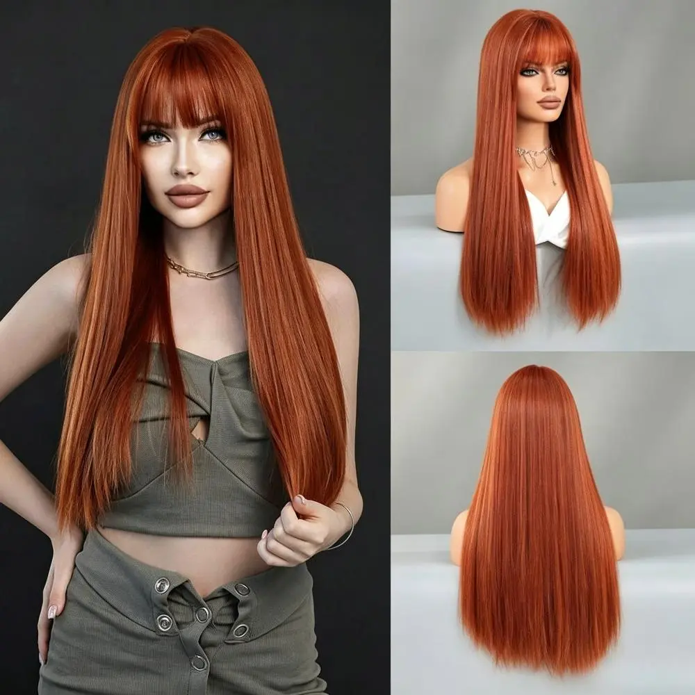 A 26-inch women’s wig in ginger-orange color, with long straight hair and bangs; suitable for everyday use, Halloween, parties, and cosplay as anime characters.