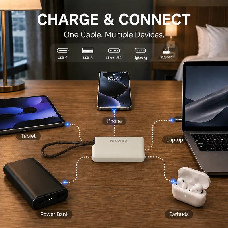 Basemo Pocket Tech Companion with USB-C Cable, USB-A, Lightning, Micro-USB Adapters, 480Mbps Data Transfer, Fast Charging, SIM/TF Card Storage & Phone Stand – Portable Travel Hub for Laptop, Office and Content Creator Accessories