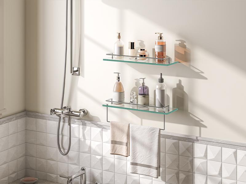 HOOBRO Glass Shelves for Bathroom, 15.7 Inch Floating Glass Shelf for Wall, Set of 2 Tempered Stainless Steel Wall Mounted Stand for Toilet, Room Decor, Silver