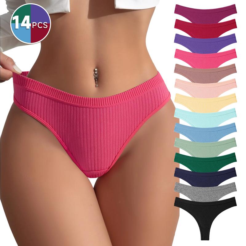 HOTCOM 14-Pack Women's Seamless Thongs Soft Breathable Cotton Fabric Underwear Mixed Color Everyday Style Panties for All-Day Comfort - Smooth