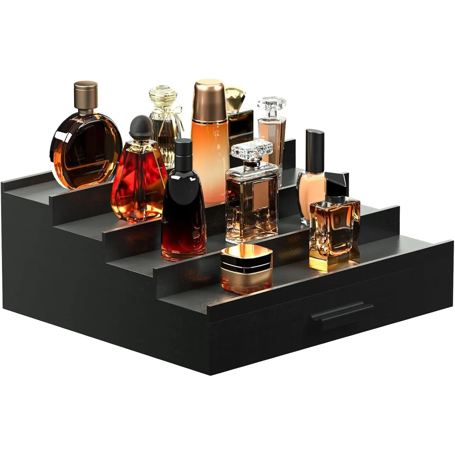 Men's 4-Tier Elevated Cologne Organizer with Drawer Storage, Household Racks & Boxes for Perfume Display Risers, Home Decoration (4Tier-Black)