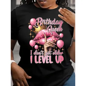 Birthday Queen Graphic Print T-Shirt – Polyester Knit Casual Crew Neck Tee with Regular Fit for Summer – Women's Festive Top with Balloon and Crown Design - For Women - Perfect for Birthday Parties & Summer Celebrations - Ideal Gi