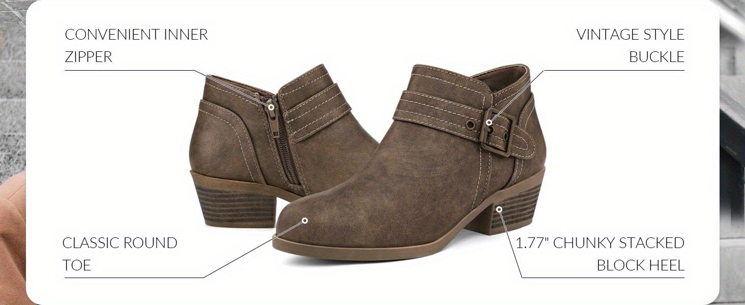 Comfortable Round-Toe Ankle Boots for Women with a Low Chunky Stacked Heel And Side Zipper.