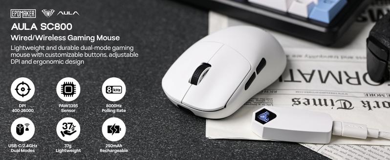 Aula SC800 Wireless Gaming Mouse, 250mAh Battery, 8k Polling Rate, PAW3395, Programmable Buttons, On-Board Memory, 37g Lightweight, Adjustable 26,000 DPI, PC/MAC/Linux