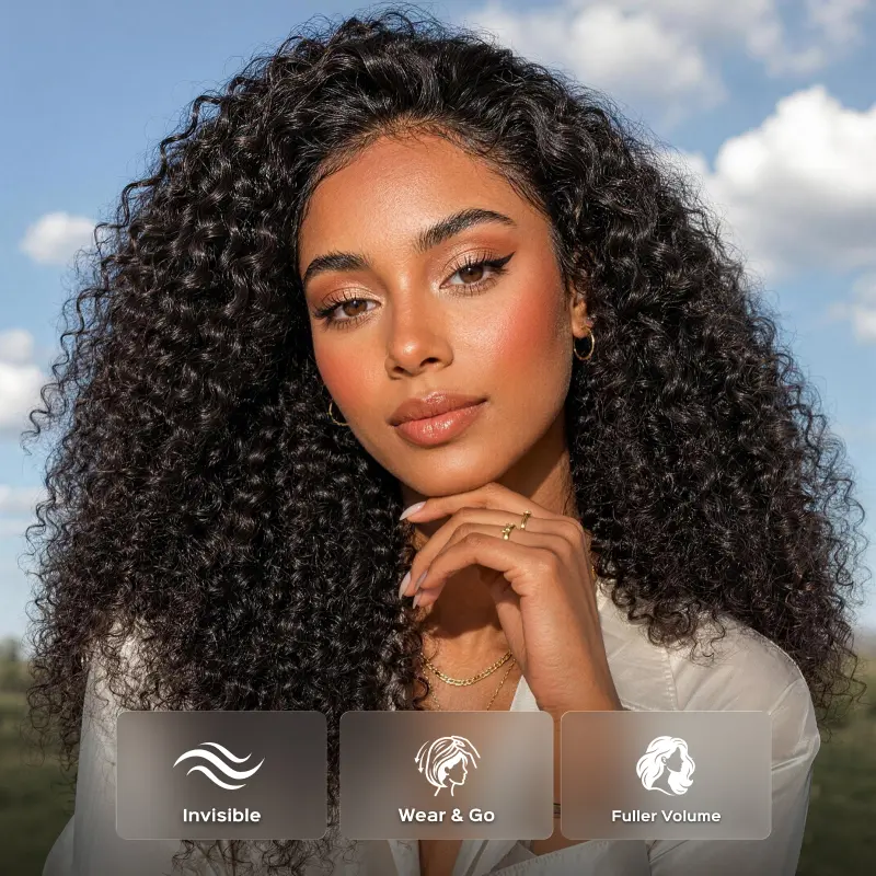 Megalook 3 In 1 Half Wig Glueless Human Hair Wig Ready Go Curly Wig Natural Black Color Beginner Friendly 100% Human Hair WIG