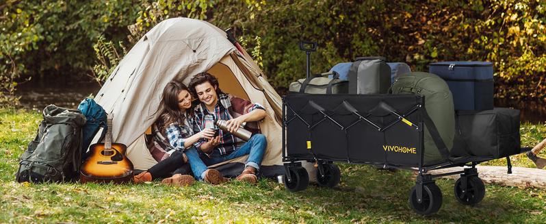 VIVOHOME 48''L Extended Collapsible Wagon Cart with 440lbs Weight Capacity, Heavy Duty 350L Folding Utility Garden Cart with Extended Tailgate and Big All-Terrain Beach Wheels