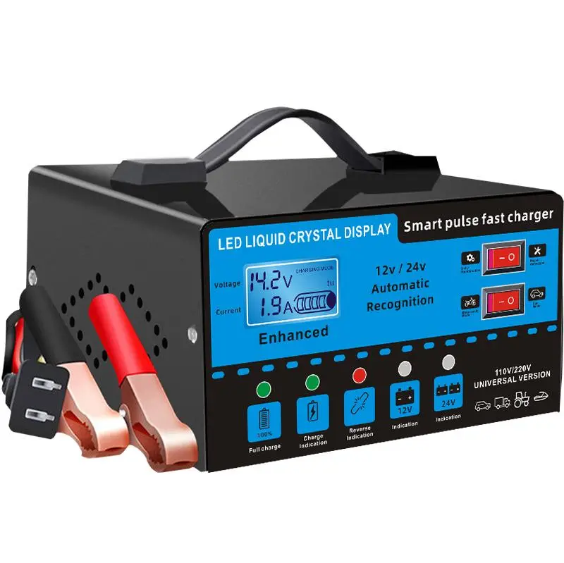 【DealsForYouDays】12V and 24V Smart Universal Battery Charger with LCD Display, Smart Maintenance, Temperature Compensation, Overcharge and Short-Circuit Protection, Suitable for Intelligent Trickle Charging and Maintenance of Car, SUV, Truck Restorer Kit