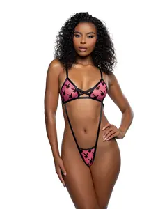 Playboy PBLI205 Ravishing Bunny Strappy Sling - Black Mesh with Flocked Logo Print, Adjustable Straps, Thong Back, Cotton Gusset, Elegantly Boxed - Womenswear