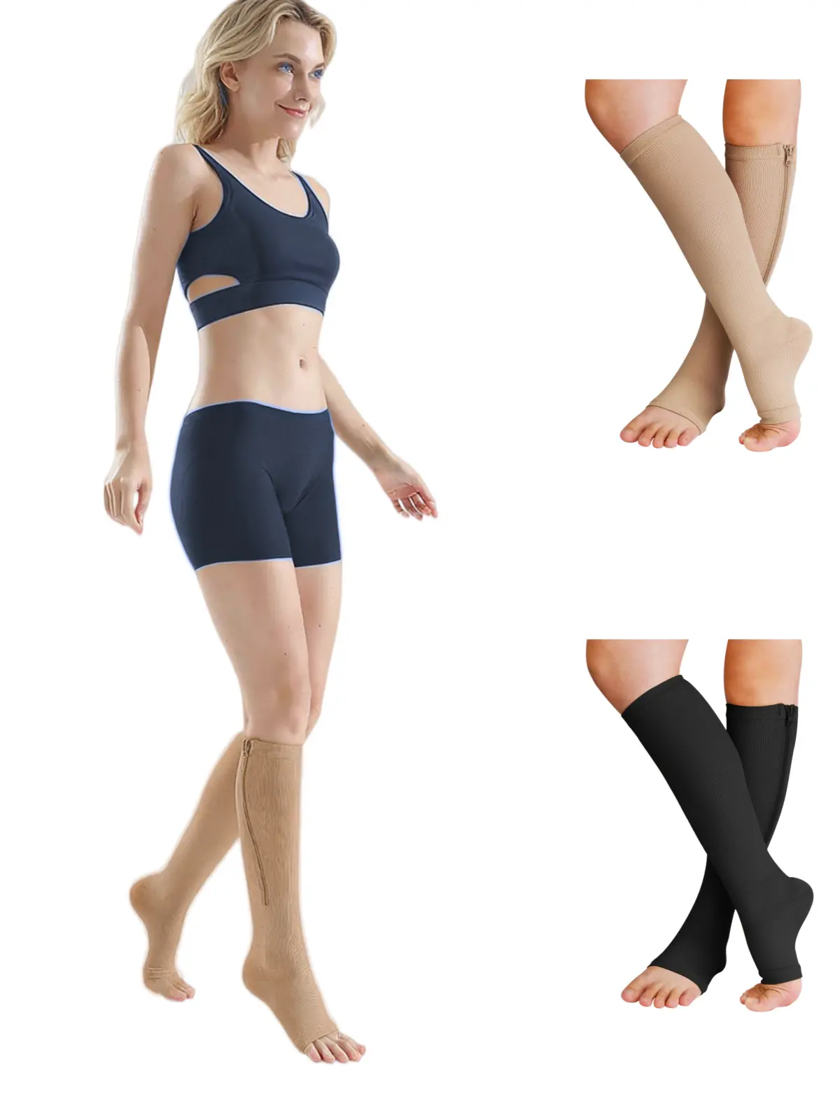 Sports Compression Socks (4 Pairs) - Nylon Fabric Compression Stockings, 20-30mmHg Graduated Pressure, Zipper Open Toe, Lateral-Longitudinal Leg Massage, Tear-Resistant Reinforced Heel, Wide Anti-Slip Cuff, for Teachers, Pregnant Women, Running, Athletic