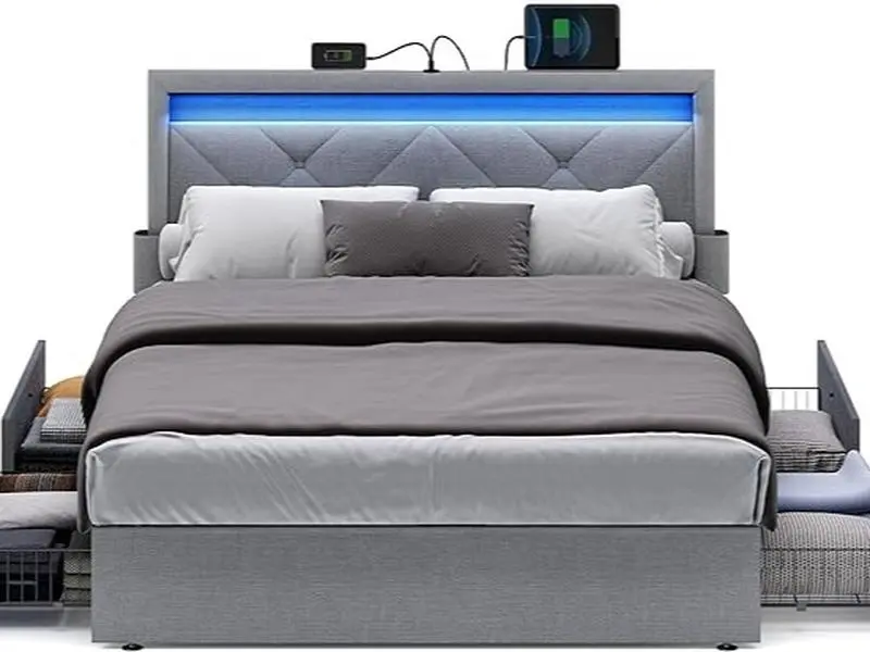 SONGMICS Queen Bed Frame - Upholstered Bedframe with 25-Color LED Mood Lighting, Adjustable Headboard, 4-Drawer Storage, 1 USB Port, 1 Type-C Port, Space-Saving Modern Bedroom Furniture