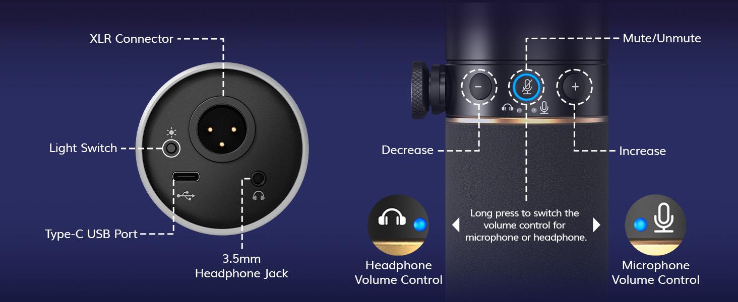 TONOR TD520S XLR/USB Gaming Mic with RGB Light, Mute Button, Headphones Jack, Metal Design for PC, Mac, Android, PS4/5