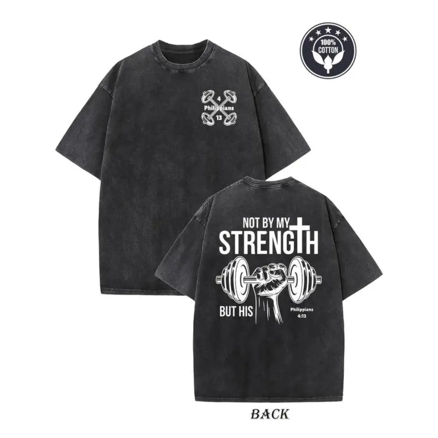 vintage Unisex heavyweight 230g pure cotton T-shirt- 'Not by my strength, but by His' double-sided printed cross and dumbbell pattern,
