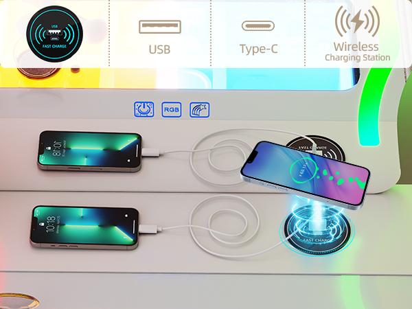 Miu Vanity Set with 24-Color RGB Lights, Wireless Charging, HD Mirror,8-Drawer Chest, Cushioned Stool & Large Storage Furniture Organizing