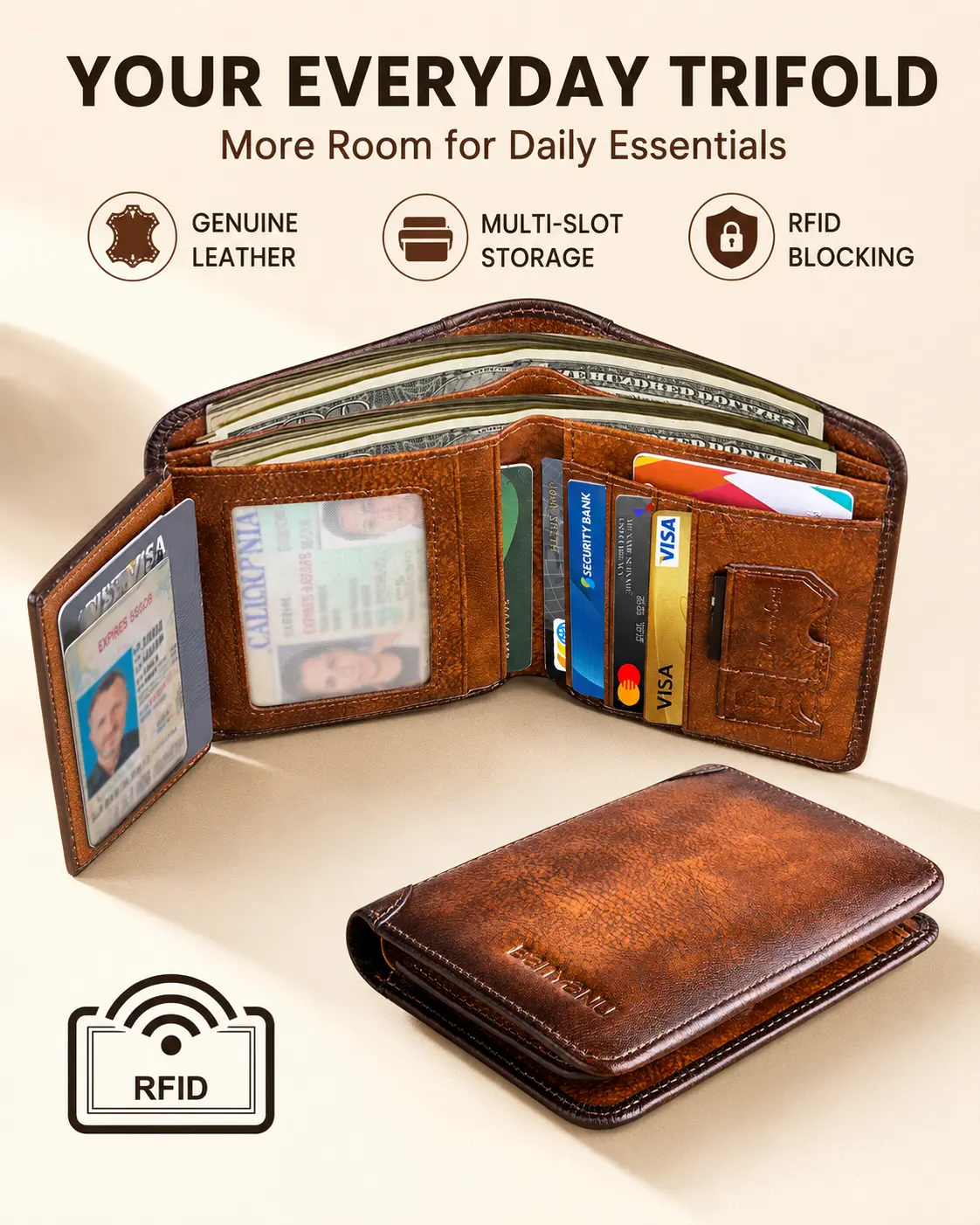 Men’s Genuine Leather Trifold Wallet with RFID Blocking, Large Capacity Multi-Card Organizer with 2 Bill Compartments & ID Window, Everyday Wallet for Men, Brown/Coffee Brown/Black
