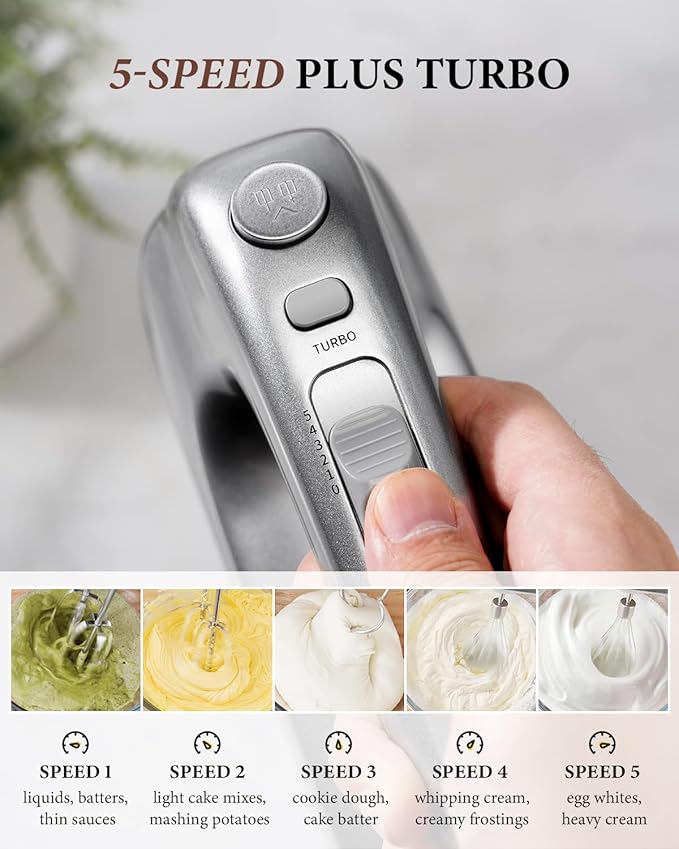 SHARDOR Hand Mixer, 450W Handheld Mixer with Storage Case 5-Speed Plus Turbo Hand Mixer Electric With 5 Stainless Steel Attachments(2 Beaters, 2 Dough Hooks and 1 Whisk), Silver