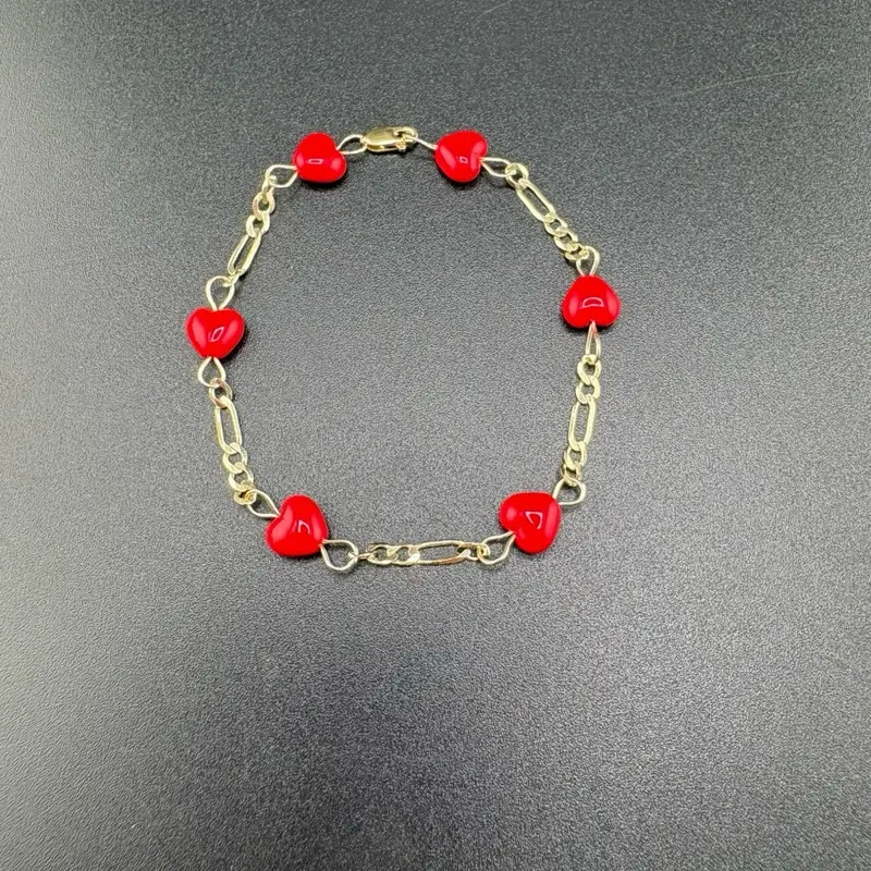 14k Gold Bracelet, 6” Size, Red Hearts Design, Kenia Collection Fine Jewelry