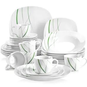 VEWEET Aviva Dinner Service, 24/30 Pieces, Porcelain Classic Dinnerware Set for 6, Wildly Elegant. Unexpectedly Green Microwave and Dishwasher Safe Cutlery