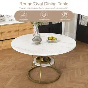 4-6 People Expandable Round Dining Table 43 to 59 Inch, Marble Veneer Kitchen Table with Storage Shelf & Gold Metal Base, Farmhouse Style for Dining Room, White+Gold white table