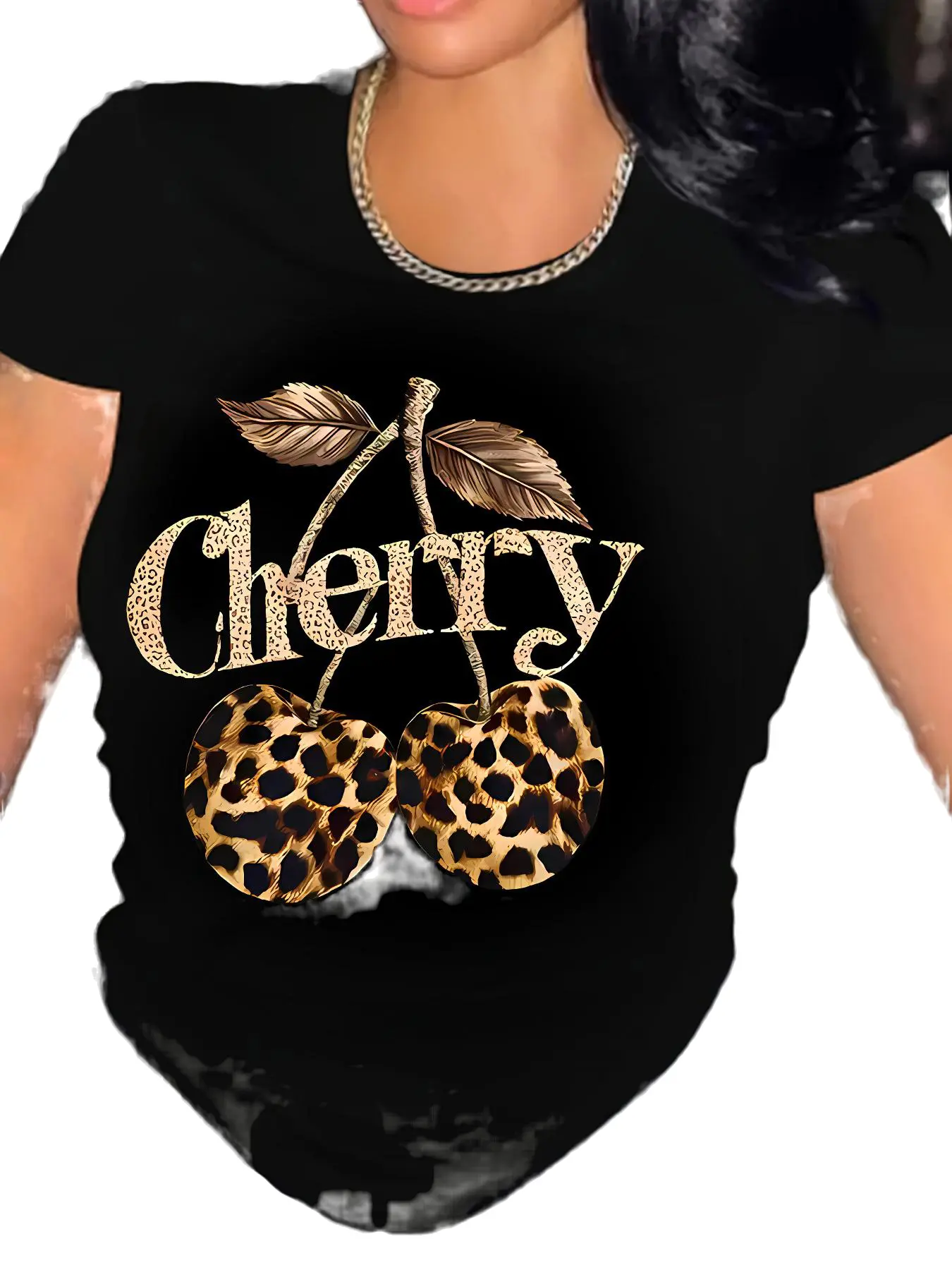Women's Casual Leopard Print Cherry & Glitter Letter T-Shirt - Stretch Crewneck Slim Fit Black Cotton Top for Everyday Wear Fabric Fashion Summer Womenswear Fitted Shortsleeve