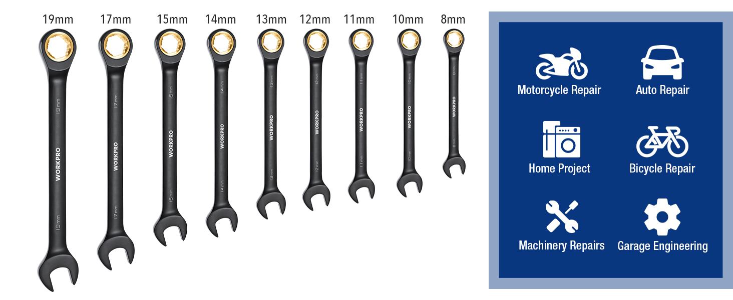 #SpringGlowUp WORKPRO 9-Pack Anti-Slip Ratcheting Combination Wrench Set, 72-Teeth, Cr-V Constructed, Black Ratchet Wrenches Set with Roll Up Pouch