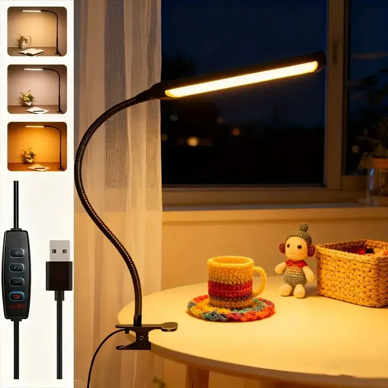 Adjustable Clamp Desk Lamp with Gooseneck Stand, Eye-Care Reading Light, Portable Home Office Lighting, USB Powered, Height Adjustable Lamps, Adjustable Lights