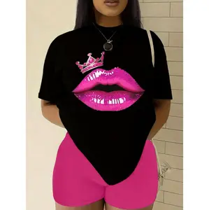 Trendy Plus Size Women's Graphic Tee Featuring Black and Pink Lips Crown Design Comfortable Casual Summer Top Machine Washable Lightweight Fabric