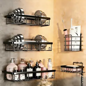 5-Pack No-Drilling Shower Caddy Shelf Organizer, Self-Adhesive Bathroom Storage Rack Set with Hooks, Rustproof Wall Mounted Shower Shelves for Bathroom & Kitchen