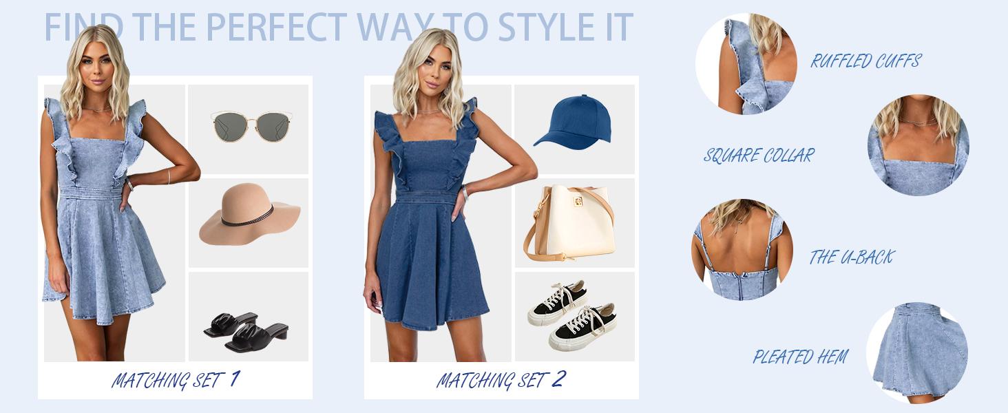 utcoco Denim Dress for Women Ruffle Adjustable Strap Sleeveless Backless Babydoll Mini Jean Dresses SpringStatements