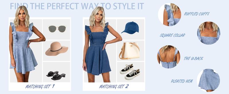 utcoco Denim Dress for Women Ruffle Adjustable Strap Sleeveless Backless Babydoll Mini Jean Dresses