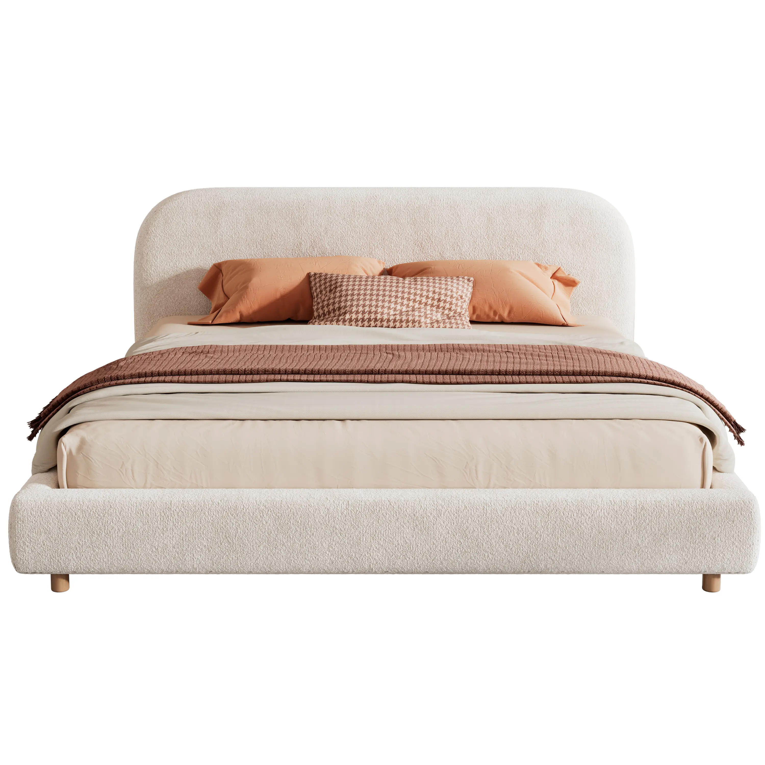 King Size Upholstered Bed With Boucle Fabric,Curved-Shape Design Thick Headboard, Solid Wood Legs,White Wooden Bed Frame Platform Bed