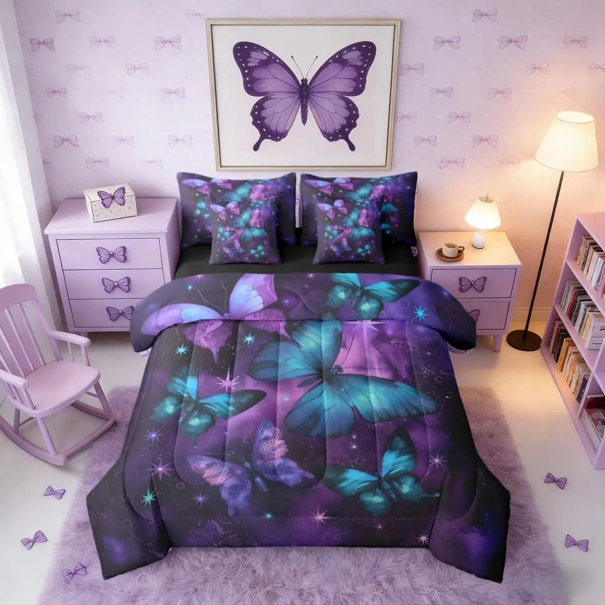 Butterfly Purple Blue Women Comforter Bed Set,7 Pieces Galaxy Ombre Romantic Bed Bag,Valentine Adults Bed Set,Adults Bedding