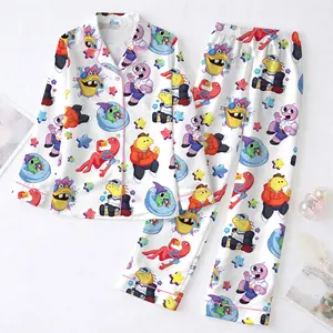 Smiling Friends Inspired Pajama Set for Women, Funny Cartoon Character Print Satin Pajamas, Cute Animated Meme Sleepwear Set, Button Up Long Sleeve Lounge Pajamas, Cartoon Aesthetic Nightwear Outfit, Gift for Women Girls