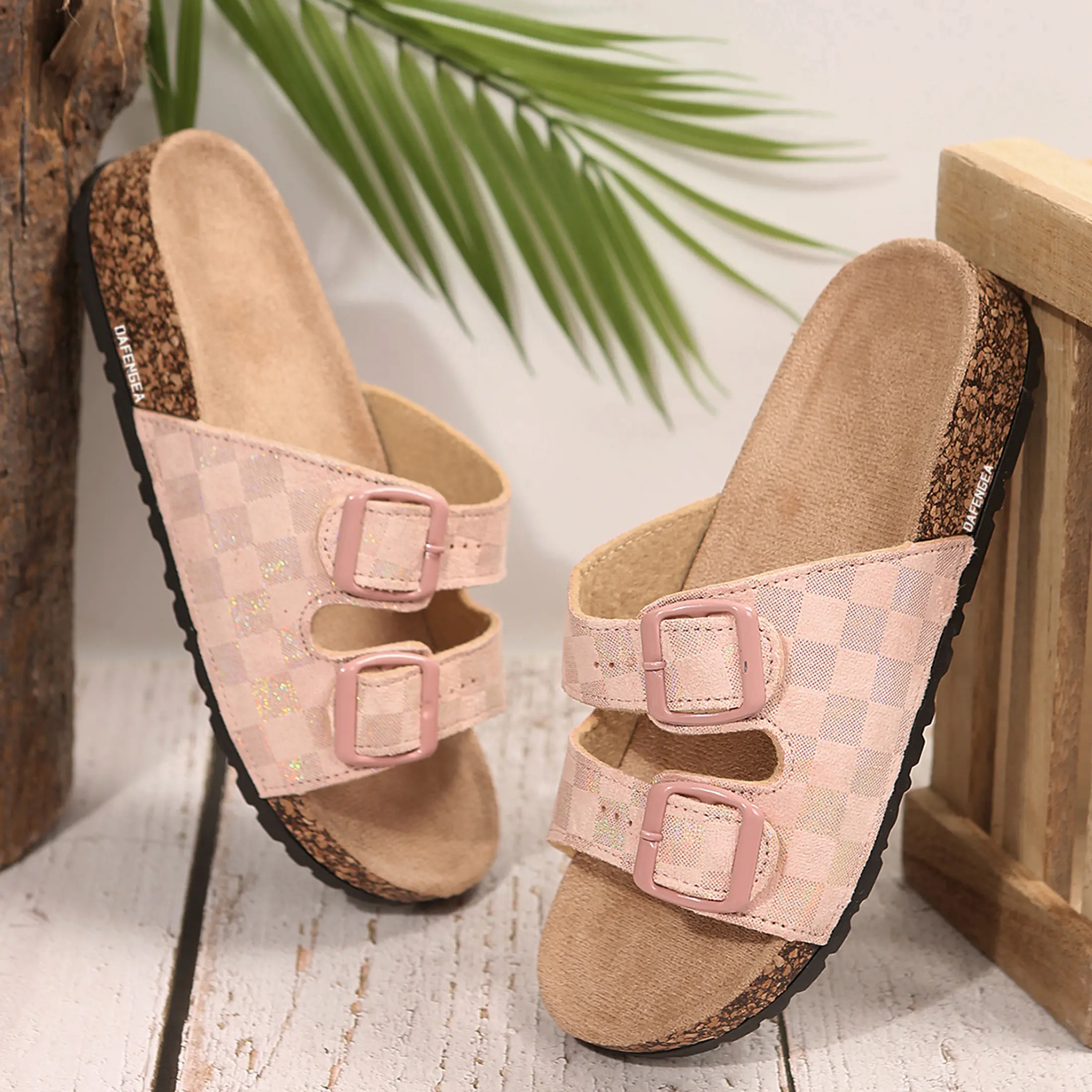 Women's Sandals Checkered Cork Slide Sandals Adjustable Buckle Straps Indoor Outdoor Shoes for Summer