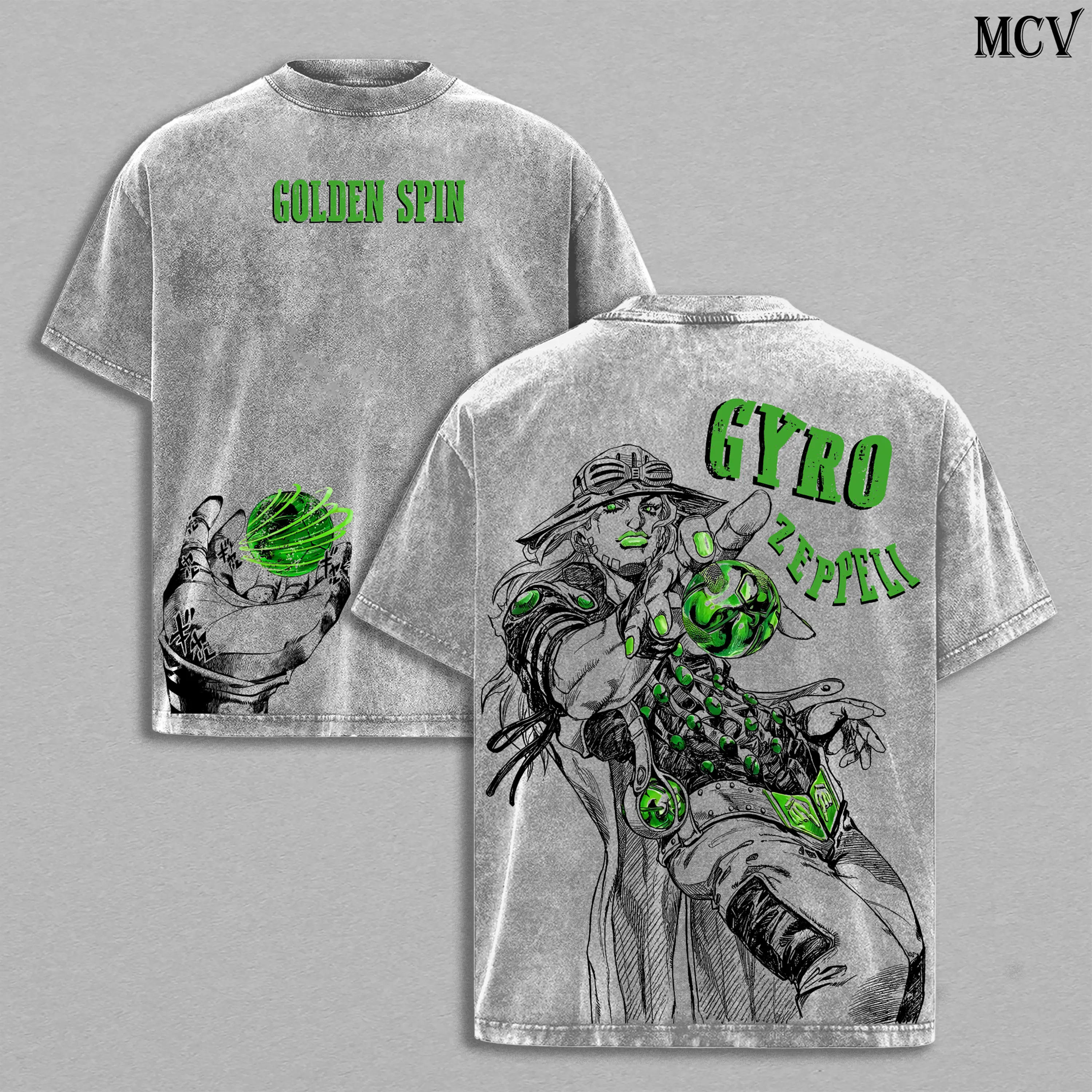 Gyro Zeppeli – JoJo’s Bizarre Adventure Steel Ball Run Anime Spin Technique Golden Spin Pizza Mozzarella Manga Graphic Double Printed Washed Tee, Menswear Heavy Cotton Unisex Oversize Streetwear Vintage