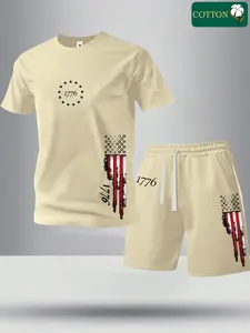 Men’s summer regular-fit cotton T-shirt and shorts set featuring a 1776 numeric graphic print and an American flag motif. Fashionable casual menswear two-piece set with pockets—sports elastic-waist drawstring shorts for running, golf, fishing, basketball,