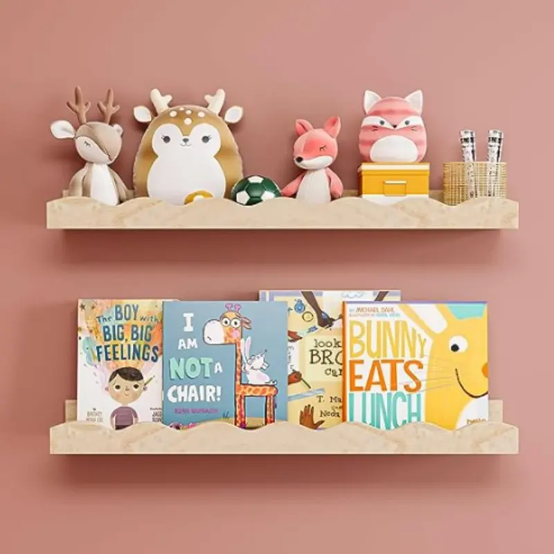 2-Pack Cute Wave Wood Tone Shelf, Bedroom Living Room Bookshelf, Wall Mounted Space Saving Design Storage Rack, Decorative Organizer, Wooden Wall Rack, Wooden Shelf For Wall
