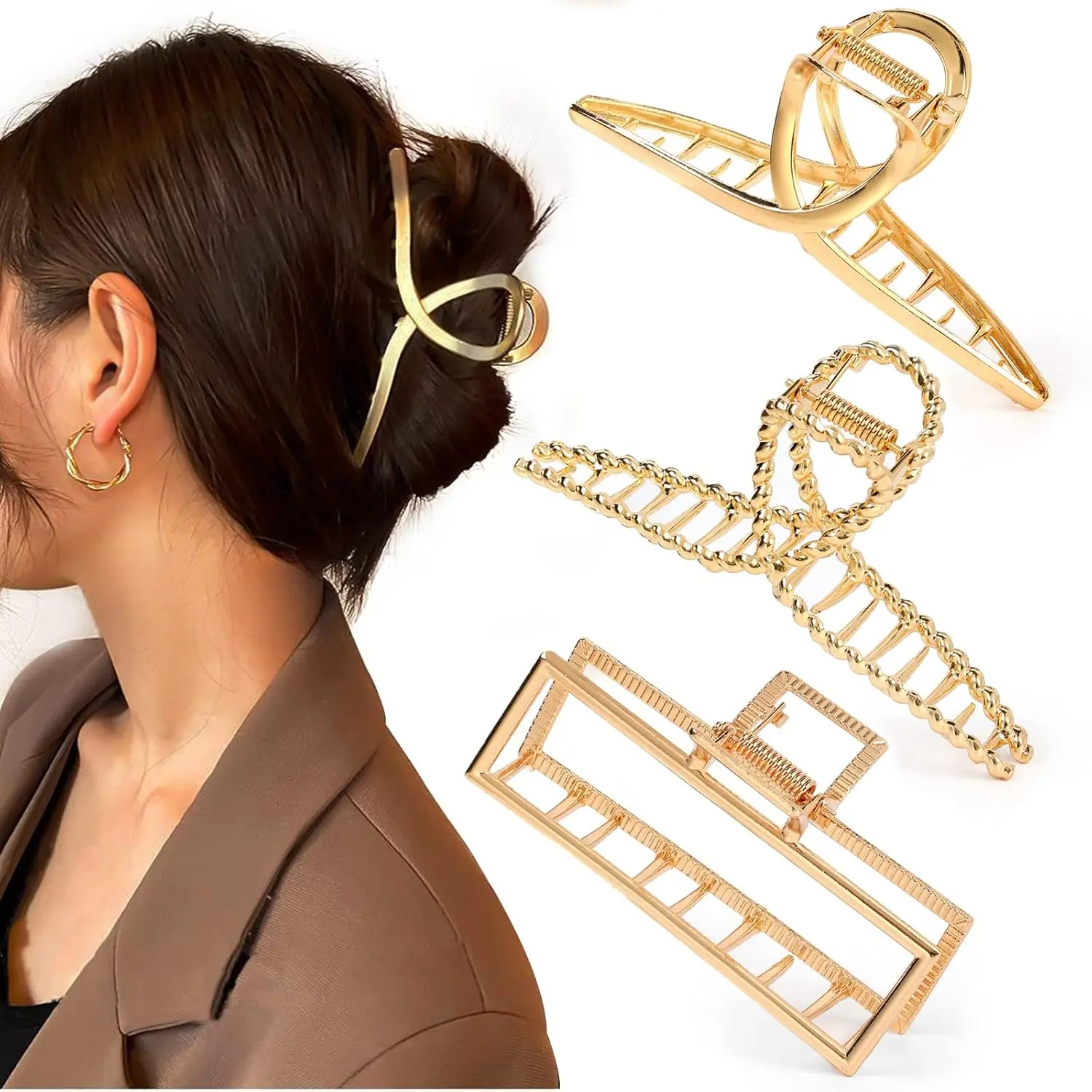 Women's 3-Pack Large Metal Hair Claws, Extra Strong Hold Non-Slip Heavy Duty Jaw Clips, Fashion Accessories for Thick Long Locks