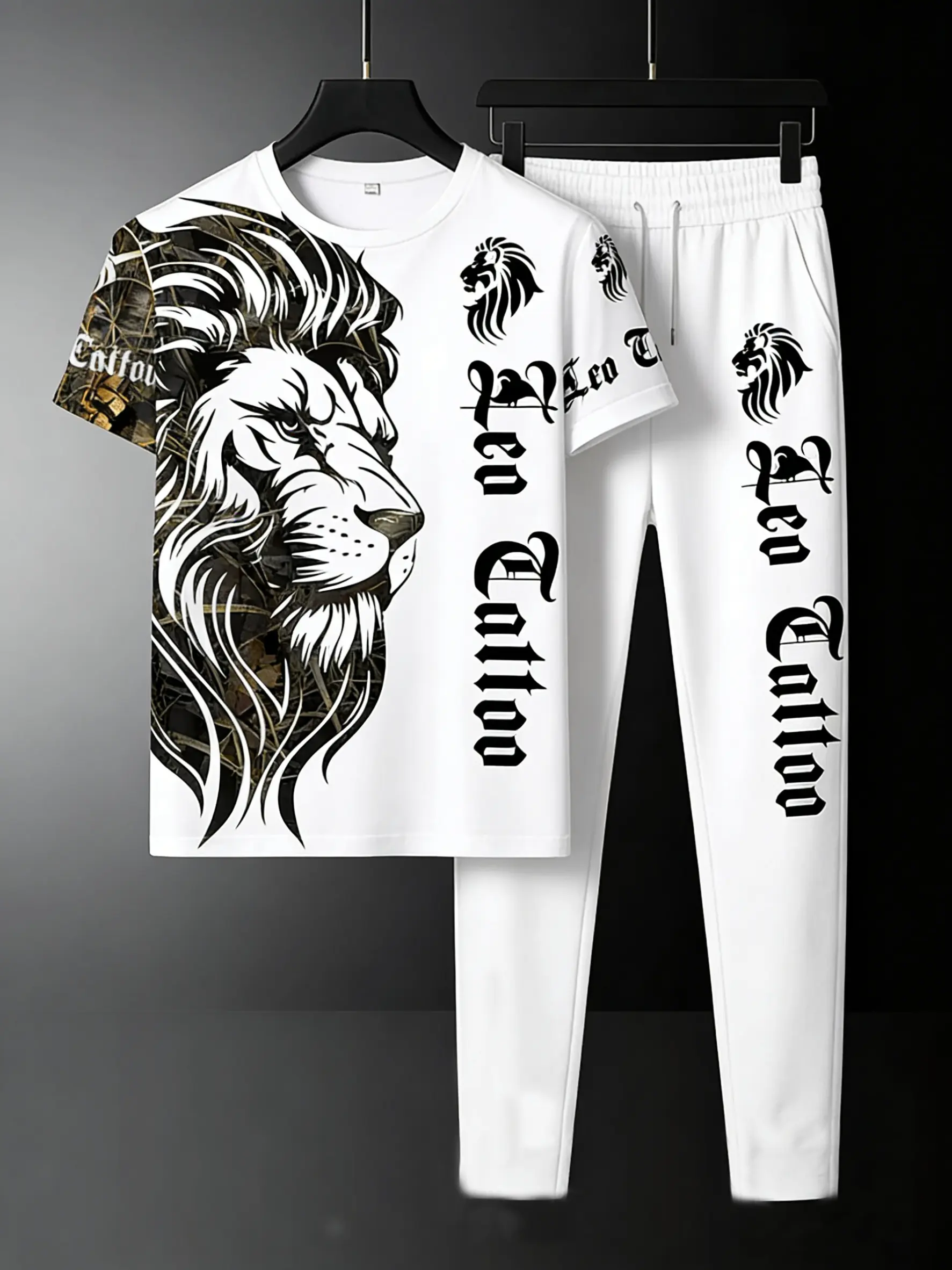 Men's sports two-piece set - elegant casual round neck style - regular version two-piece set with animal silhouette and letter pattern short sleeved T-shirt and pants - casual men's clothing