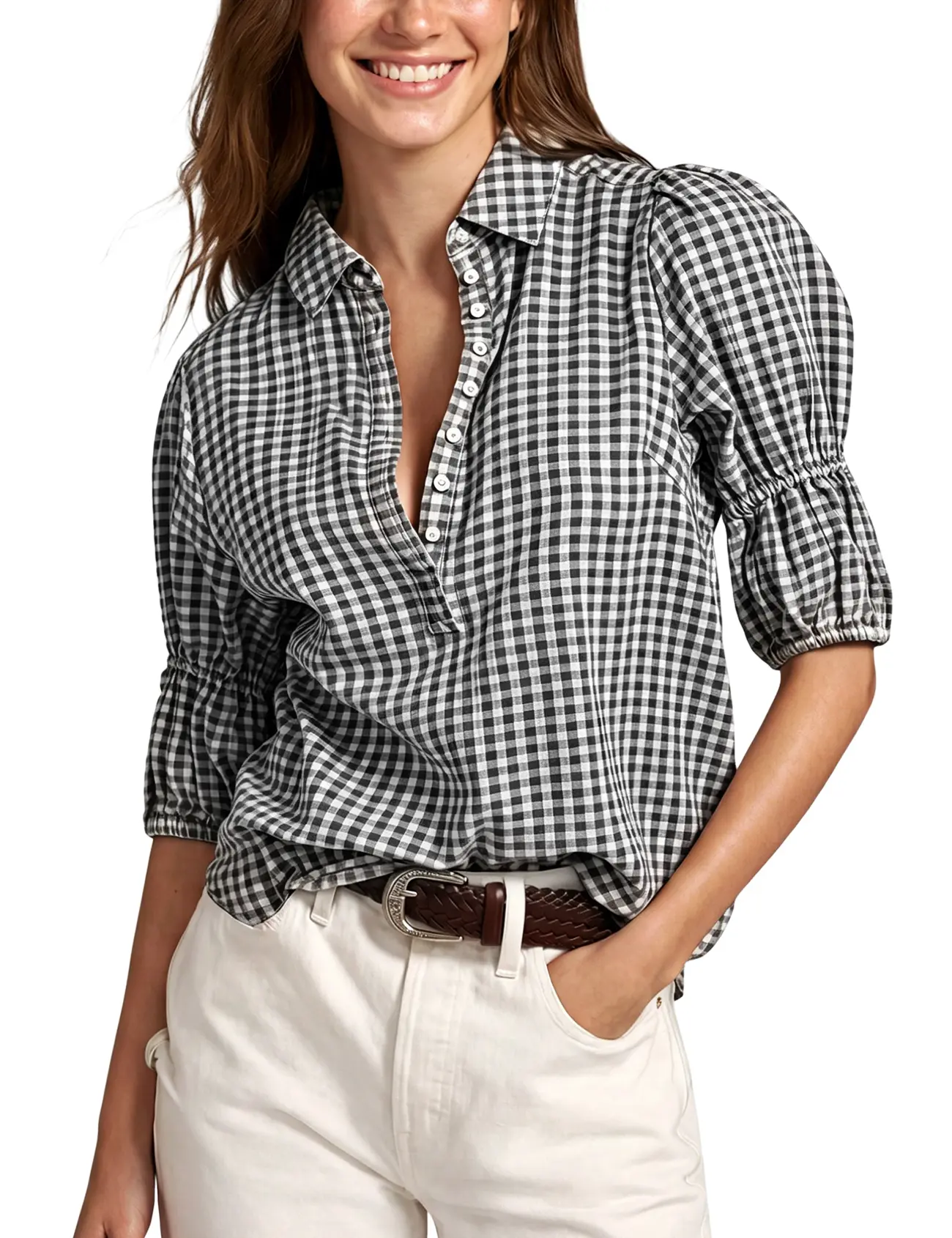 Arssm Womens Button Down Shirts Plaid Puff Sleeve Summer Tops V Neck Half Sleeve Blouse
