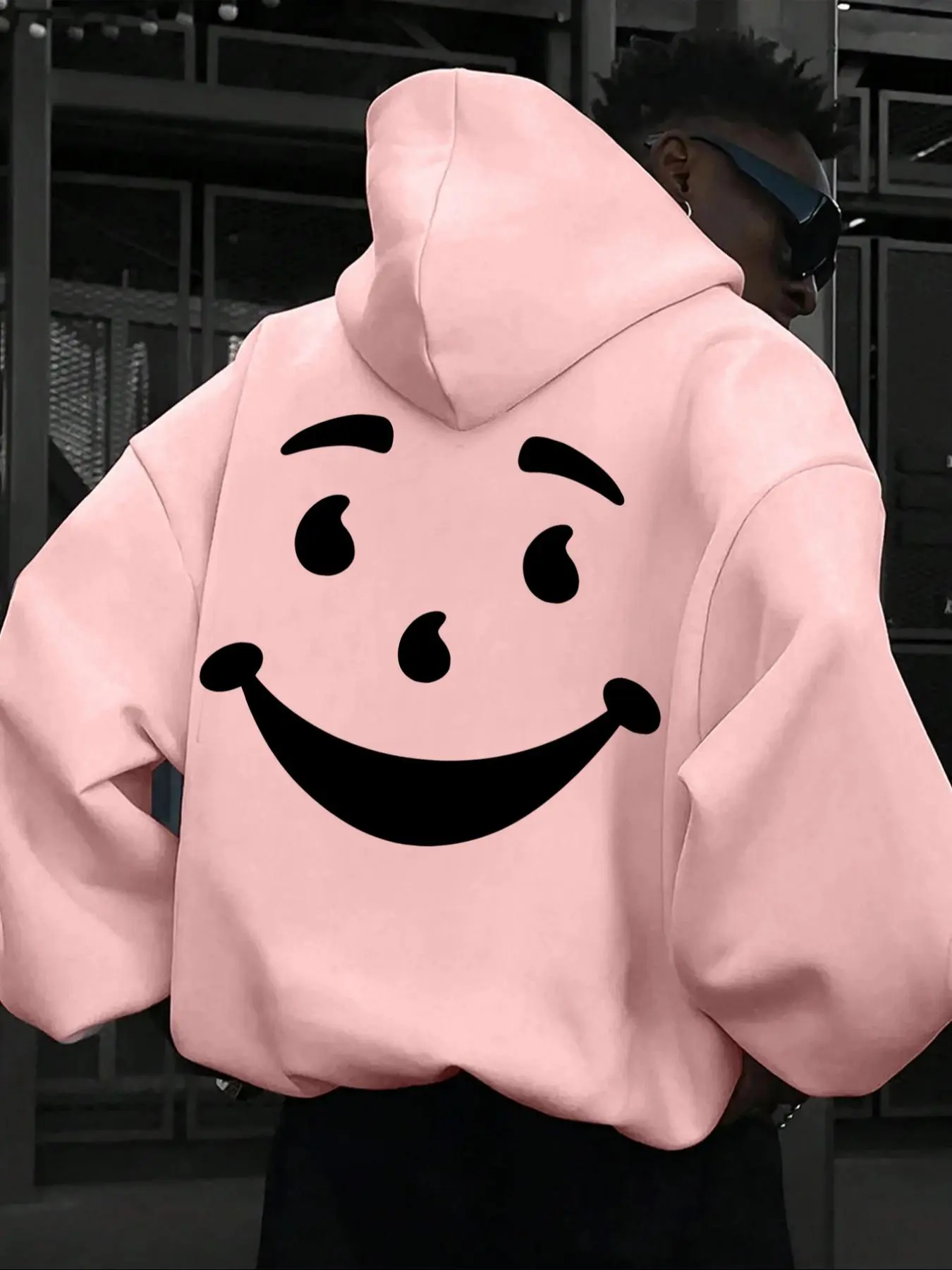Men's Cartoon Smile Face Print Drop Shoulder Hoodie, Fashion Casual Comfy Streetwear Regular Fit Drawstring Pocket Hooded Sweatshirt for Daily Holiday Outdoor Wear, Men Clothes for Fall & Winter
