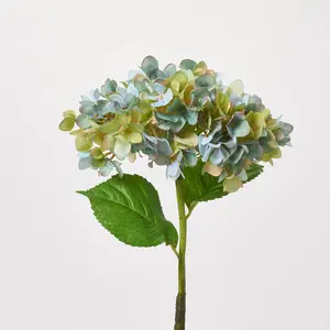 Mixed Blue & Green Grand Hydrangea Bloom Single Long Stem Faux Floral Spray - 27"