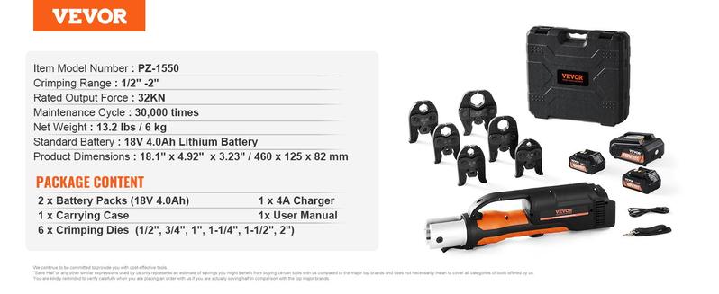 VEVOR Pro Press Tool, 18V Electric Pipe Crimping Tool for 1/2" to 2" Stainless Steel, Copper, PEX Pipes, Press Tool Kit with 6 Pro Press Jaws, 2PCS 4AH Battery, Fast Charger & Carrying Case