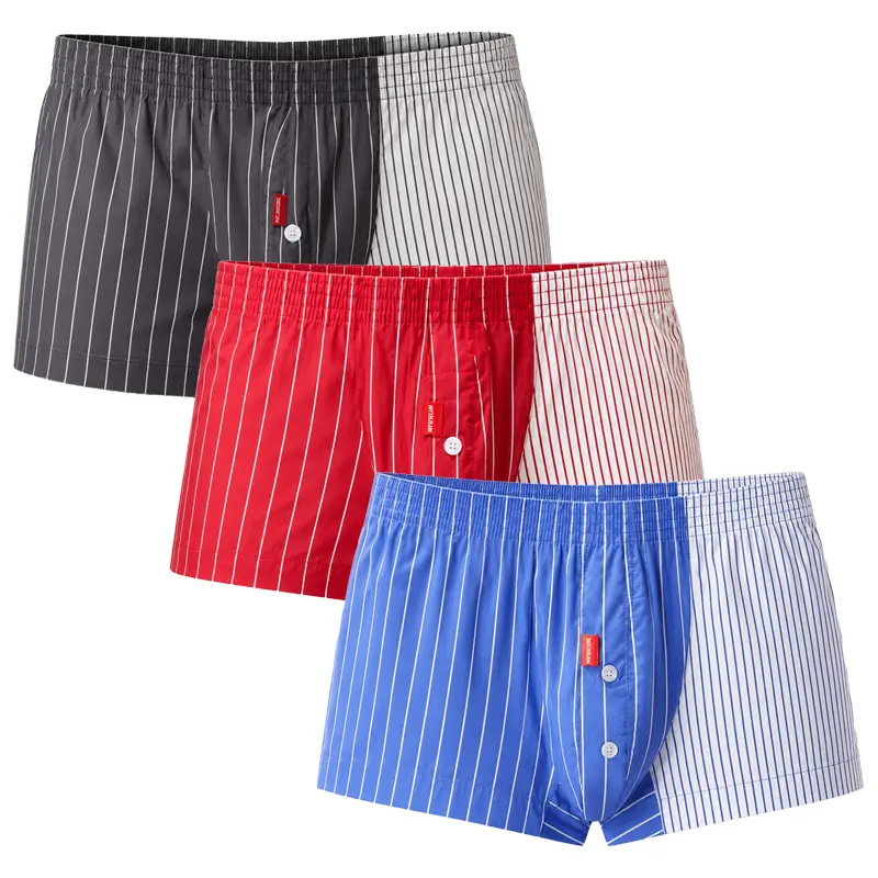 SEOBEAN Menswear 100% Cotton Classic Stylish Striped Boxer Shorts, 3 Pack/1 Pack Relaxed Fit Woven Boxers with Button Fly, Elastic Waistband for Sleep, Lounge-250508