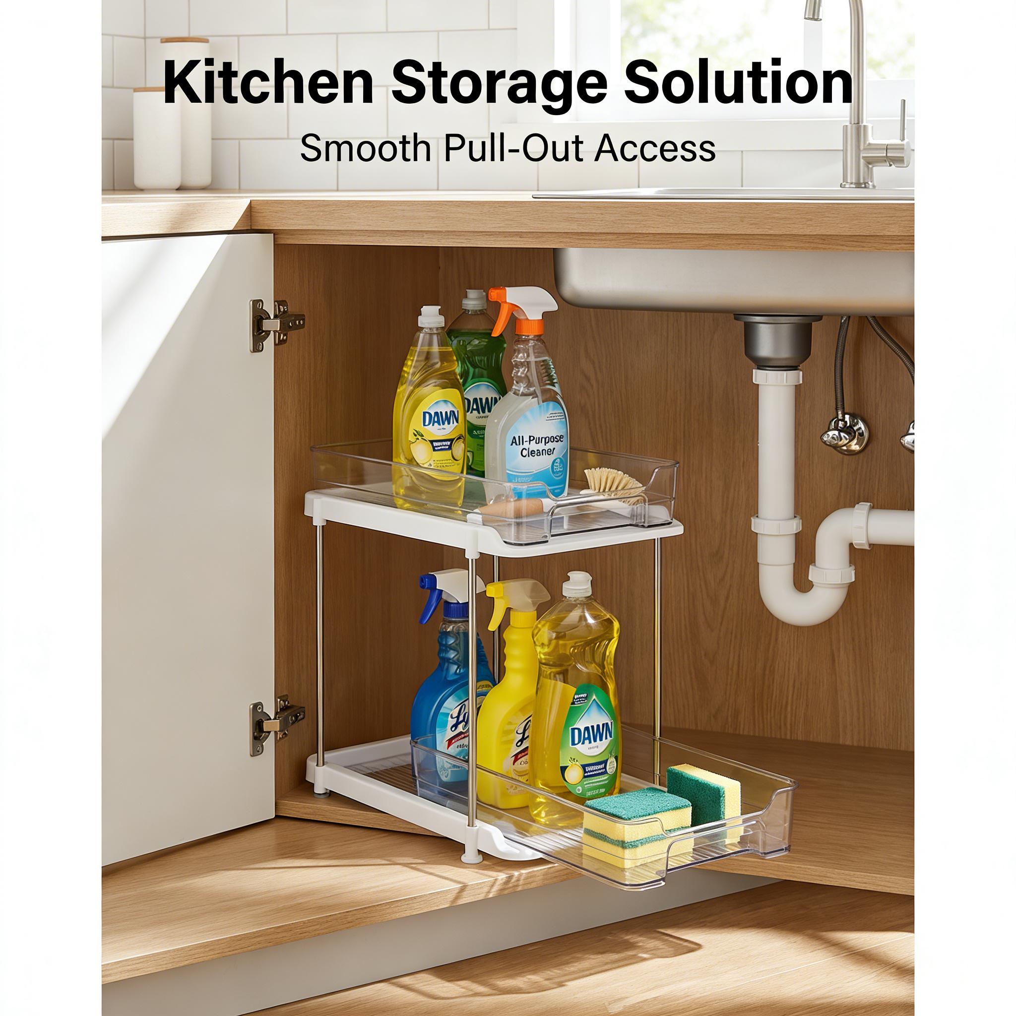 UFORU Two-Tier Multifunctional Under-Cabinet Bathroom Storage Rack, Stackable Kitchen Organizer System with Adjustable Dividers & Pull-Out Medicine Box for Efficient Bathroom Supplies Storage