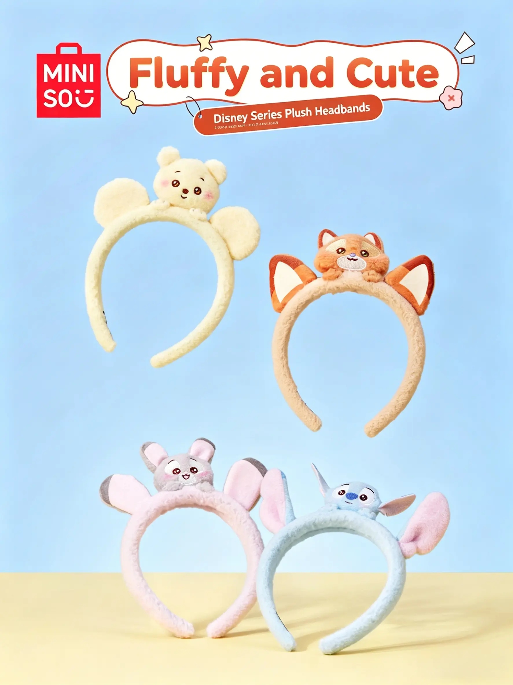MINISO Disney Plush Headband, Cute Nick/Judy/Stitch/Pooh Cartoon Ears Hair Hoop, Soft Fluffy Headband for Skincare/Makeup/Disney Trip, Cute Gift for Girls#Summervibes, Back To School