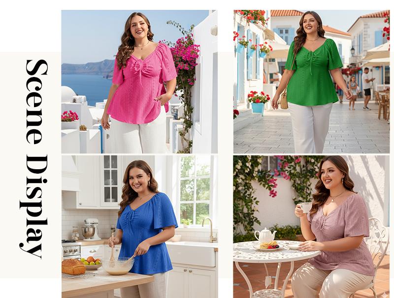 Eytino Womens Plus Size Tops Sweetheart Neck Short Sleeve Eyelet Embroidery Summer Loose Peplum Shirts(1X-5X)